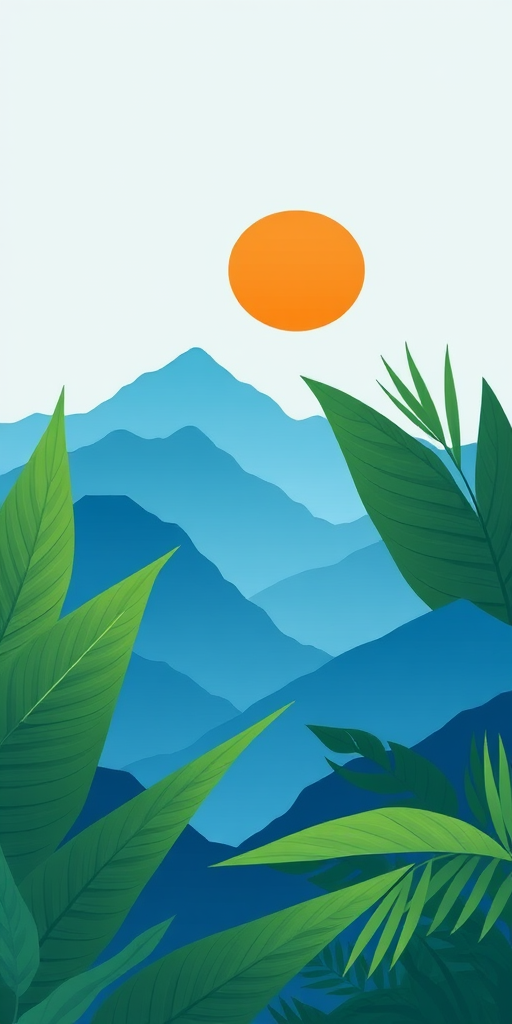 create a minimalistic landscape illustration featuring green tropical leaves in the foreground with layered blue mountains in the background under a simple orange sun against a light blue sky.