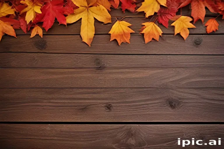 Colorful Autumn Leaves Spread Across a Rustic Wooden Table Background