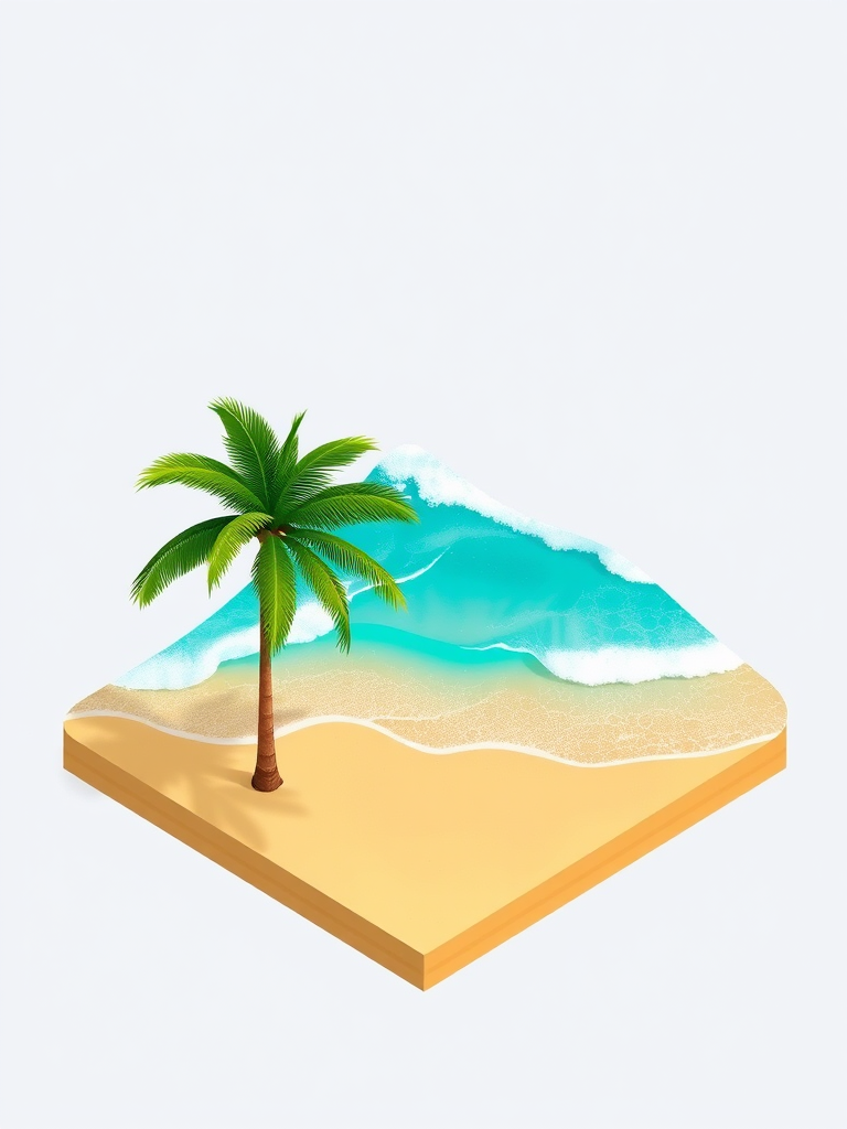 Create a vibrant graphic illustration of a tropical beach scene, featuring turquoise waves crashing on golden sand, with two palm trees on the shore, rendered in a 3D isometric style; use a Canon EOS 5D Mark IV with an aperture of f/2.8, ISO 100, and a shutter speed of 1/500 seconds, ensuring a bright and colorful palette with sharp details.