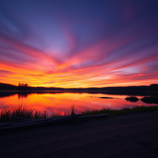 Create a high-resolution image of a serene sunset over a calm lake with vibrant orange and purple skies, using a Canon EOS R5, ISO 100, aperture f/8, shutter speed 1/200s, wide-angle lens at 24mm, shot from a low angle to enhance foreground detail.