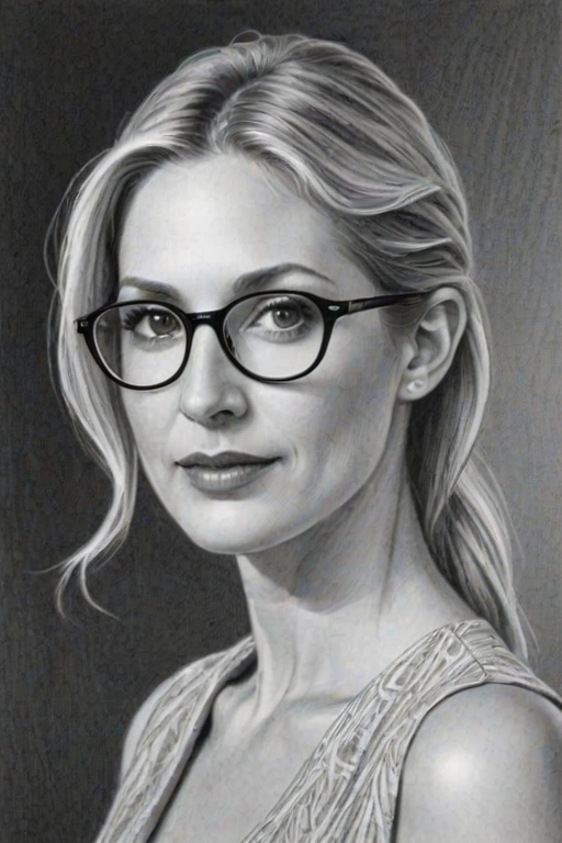 Captivating Kelly Rutherford, pencil sketch, portrait of Charming woman 1923s in glasses, hair style beatnik, outline, clear lines, fine lines, 8k
