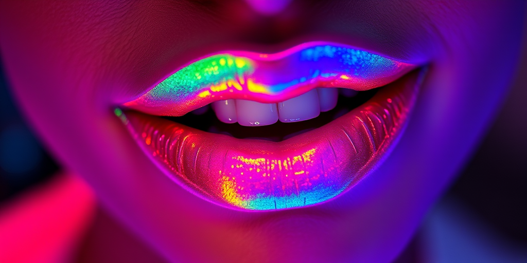 Futuristic "Holographic Prism" lip topper designed to transform any lip color with a stunning rainbow effect, featuring ultra-fine color-shifting pigments for maximum impact