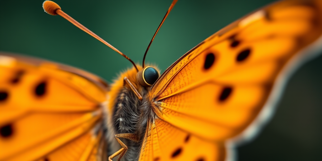 Close-up of an orange butterfly with intricate details, focus on the eye and wing patterns, shallow depth of field, using a DSLR camera with a 100mm macro lens, aperture f/2.8, ISO 100, natural soft lighting.
