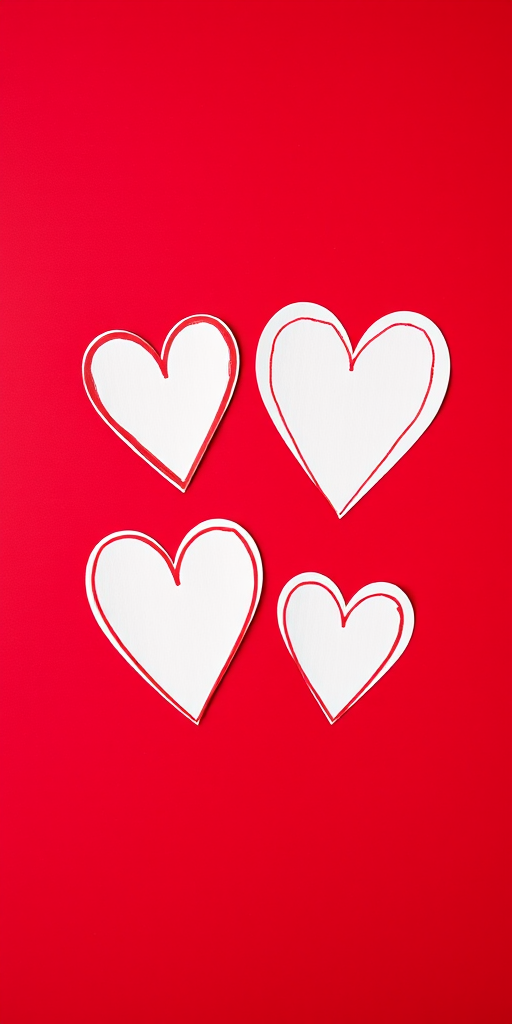 four hand-drawn hearts in varying sizes on a rich red background, shot with a DSLR camera at f/2.8 aperture, 1/60 shutter speed, ISO 100, top-down view, minimalist style