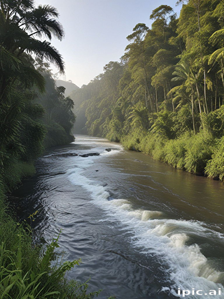 Serene River Flowing Through Lush Green Forest with Morning Mist