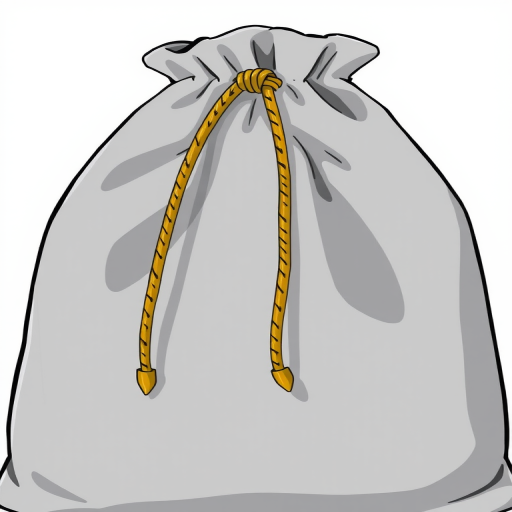 Create a high-resolution illustration of a gray cloth bag with a golden drawstring and visible sewing details, using a DSLR camera with a 50mm lens, f/1.8 aperture, ISO 100, and shot from a slightly angled front view to enhance depth and shadow.