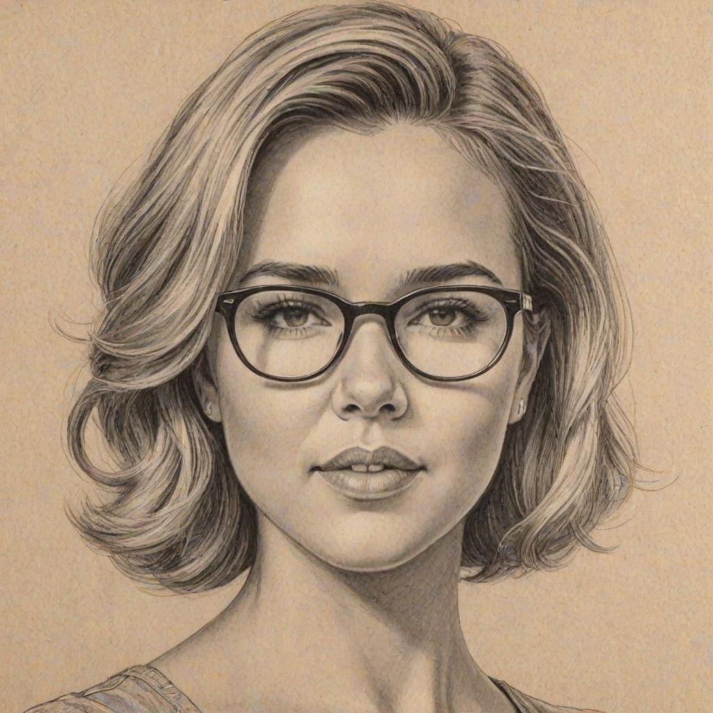 Comely Arielle Kebbel, pencil sketch, portrait of Captivating woman 1945s in glasses, hair style beatnik, outline, clear lines, fine lines, 8k