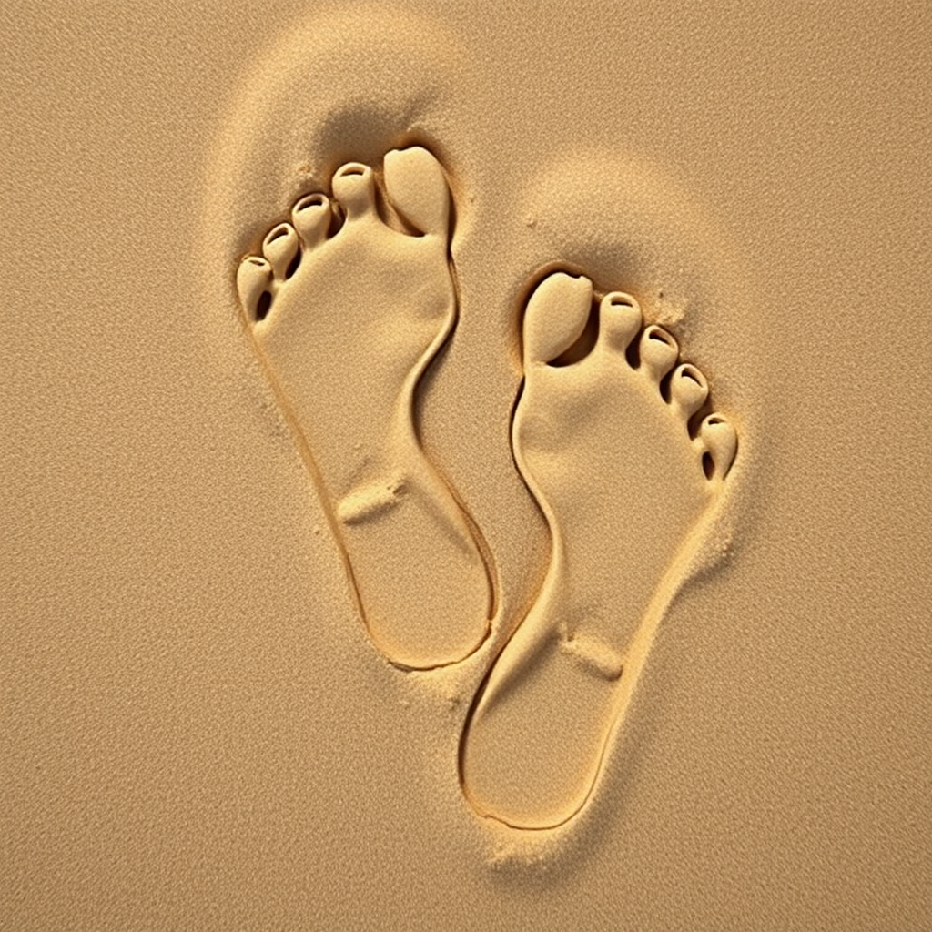 Generate a high-resolution image of two human footprints over a textured sand background, using a DSLR camera with a 50mm lens, aperture set to f/2.8 for shallow depth of field, ISO 100 for clarity, and a slight overhead angle for emphasis on the footprints.