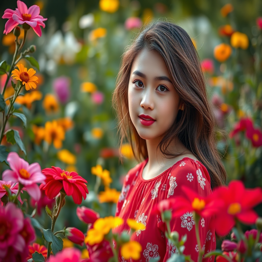 capture a portrait of a young woman wearing a red floral dress surrounded by vibrant flowers in an outdoor garden setting, use a shallow depth of field f/1.8, 50mm lens, soft natural lighting, with a slightly overexposed background for a dreamy effect, shot with a DSLR camera