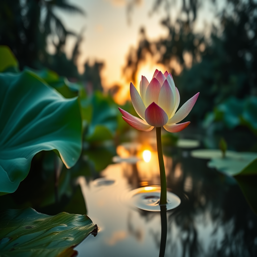 A serene lotus flower rising above a calm pond at sunrise, surrounded by lush green leaves and a reflection in the water, captured with a DSLR camera using a 50mm lens, f/1.8 aperture, ISO 100, and a golden hour perspective.