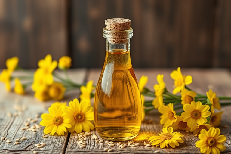 create an image of a glass bottle filled with golden oil with a cork stopper surrounded by yellow flowers and sesame seeds on a rustic wooden table, shot from a close-up perspective using a 50mm lens at f/1.8, natural lighting to enhance colors and details, taken with a DSLR camera