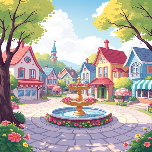 Create a colorful, vibrant illustration of a whimsical town with a playful park featuring a flower fountain, candy trees, and charming buildings in a bright, cheerful style, using a high-quality digital illustration technique with a wide-angle view, 300 DPI resolution, and soft pastel color palette.