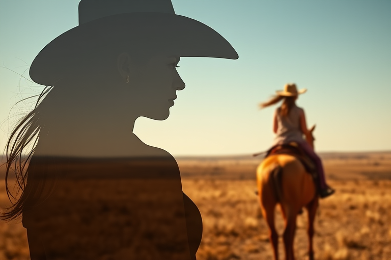"Create a Double exposure", a silhouette "profile portrait of a young cowgirl" with long hair "superimposed" against a long shot of a cowgirl riding a horse across the plains, fantastic view, 32k, cinematic, hyper-realistic.