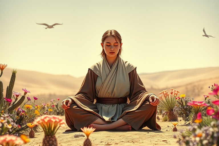 serene photo,1girl, Jedi master in deep meditation,  in jedioutfit, sitting cross-legged, surrounded by blooming desert flowers, harmonizing with the Force, spiritual retreat, transcendent tranquility, desert enlightenment,  Absurdres, hdr, ultra detailed illustration, extremely detailed face, RAW photo, film grain, skin pores, trending on deviantart