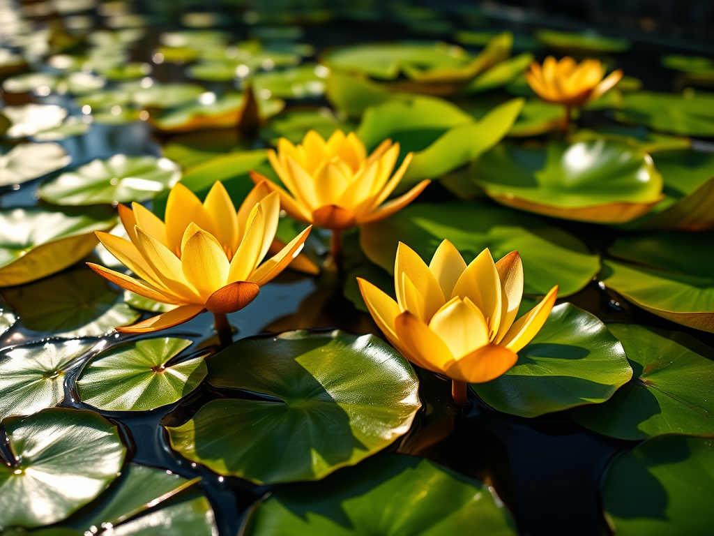 capture a close-up shot of vibrant water lilies on a serene pond with bright orange and green circular leaves reflecting sunlight using a DSLR camera, 50mm lens, aperture f/8, ISO 100, natural lighting, shallow depth of field, focus on the texture and colors of the leaves.