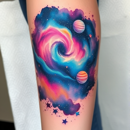Cosmic watercolor galaxy tattoo dubbed "Nebula Dreams" depicting a vibrant space scene with swirling nebulae stars and planets blending seamlessly into the skin soft washes of color create depth and dimension while white ink highlights add a sparkling quality to the celestial design