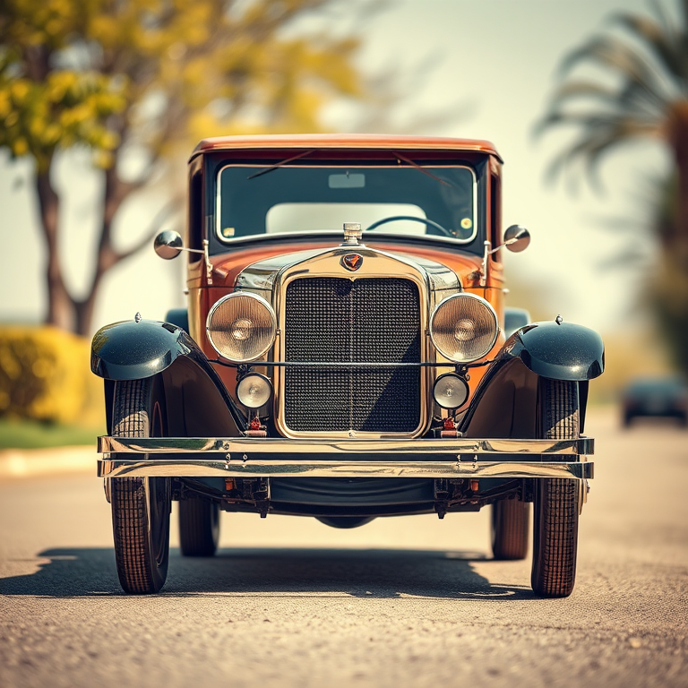 Regenerate a vintage 1920s car illustration, using a DSLR camera with a 50mm lens, aperture set to f/2.8, ISO 100, shot in bright daylight, with a slight tilt-shift effect to enhance quality and focus on the car.