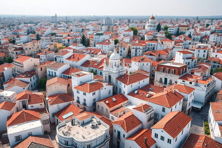 Generate a high-resolution image of a densely packed urban landscape with white buildings and terracotta roofs, captured with a DSLR camera at 35mm focal length, f/8 aperture, ISO 200, and a bird's-eye view perspective to enhance detail and depth.