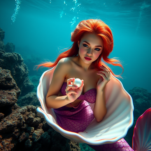 Generate a high-resolution image of a mermaid holding a pearl in a clam shell, vibrant colors, underwater scene, using a DSLR camera with a 50mm lens, aperture f/2.8, ISO 200, shot from a low angle to emphasize the mermaid's features and elegance.