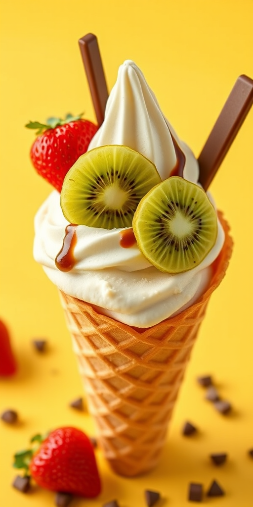 Ice cream in a waffle cone topped with kiwi, strawberries, and chocolate sticks on a yellow background, captured with a Canon EOS R6, 50mm lens, aperture f/2.8, ISO 100, natural soft lighting for enhanced detail and colors.