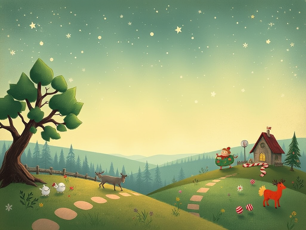 Regenerate a vintage-style illustration of a whimsical landscape featuring a tree on the left and playful characters with festive elements, using a Canon EOS R5, 50mm lens, f/2.8 aperture, ISO 100, and soft focus for a dreamy effect.