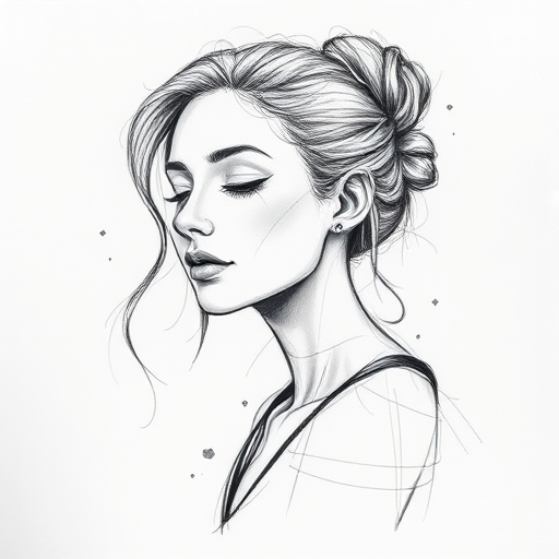 Sketch-style tattoo artwork called "Artist's Muse" using loose expressive lines and crosshatching techniques to create a dynamic design that resembles a pencil drawing brought to life on the skin