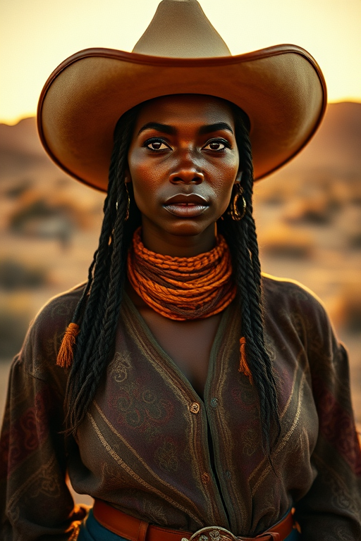 Dramatic photo of a beautiful Yoruba woman, classic cowboy attire, confident and free spirit expression, half-length portrait, centered, golden hour desert landscape, warm, diffused light, low angle, medium format film camera, in style of Annie Leibovitz.