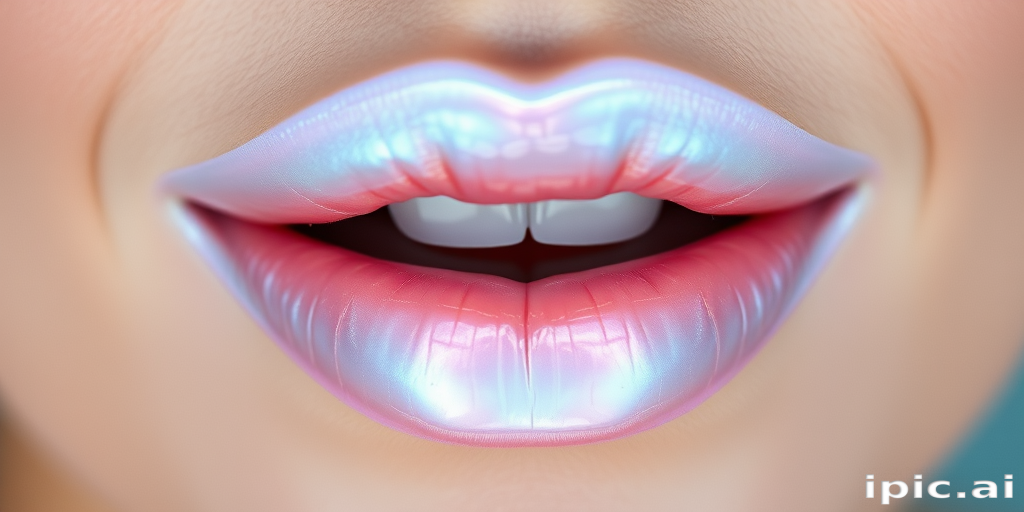 Iridescent pearl lips with a delicate, opalescent sheen, resembling the inside of a seashell for an ethereal, mermaid-inspired look