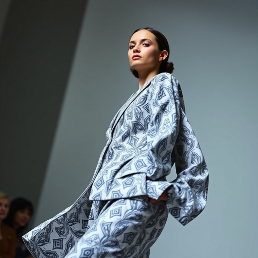 Capture the model from a high angle, emphasizing the outfit’s pattern and silhouette. Use a 35mm prime lens to maintain sharpness and minimize distortion