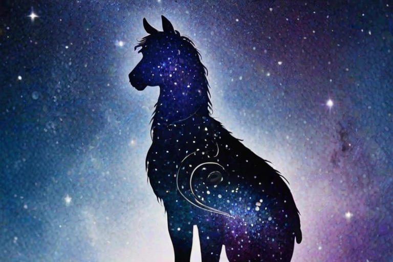 Captivating conceptual render alcohol ink art, double exposure, the paint strokes artfully merge combining a woman's full silhouette with a Adorable alpaca's silhouette. The figures are composed of a series of colored dots, lines & spots that evoke the image of a cosmic galaxy, colors are deep shades of blue purple & black with flashes of white & silver representing distant stars. The woman's silhouette is formed within the lion's silhouette from constellations of scattered stars, surreal