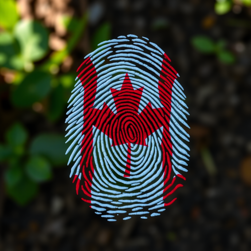 Create a high-resolution image of a fingerprint filled with the Canadian flag design, using a Canon EOS R5 camera with a 50mm f/1.2 lens, aperture set to f/2.8, ISO 100, capturing from a top-down view with natural lighting for enhanced detail.
