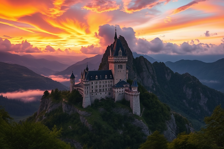 A majestic mountain castle at sunset with dramatic clouds illuminated by orange and purple hues in the sky, surrounded by lush greenery and misty valleys, captured with a Canon EOS R5, 24mm lens, f/8 aperture, ISO 100, using a golden hour setting for enhanced color depth and sharpness.