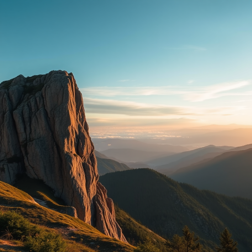 Create a high-resolution image of a serene mountain landscape at sunrise with soft clouds in the sky, using a Canon EOS R5 with a 24-70mm f/2.8 lens, aperture set to f/11, ISO 100, shutter speed 1/125s, captured from a wide-angle view for depth and clarity.