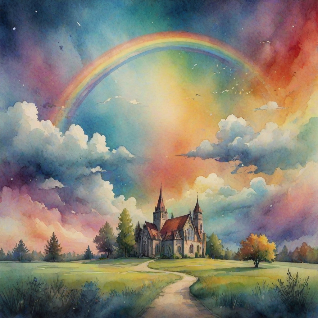 A whimsical and surreal sky with a vibrant rainbow, featuring dramatic lighting effects and a textured watercolor background, with a touch of gothic aesthetic.
