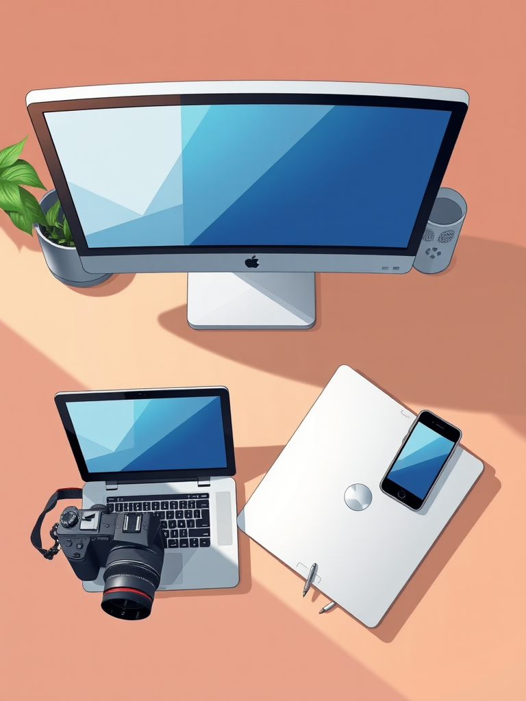 Create an illustration featuring a desktop monitor, a laptop, a tablet, and a smartphone arranged artistically, captured with a DSLR camera, 50mm lens, f/1.8 aperture, ISO 100, natural lighting, shot from a top-down view to emphasize depth.