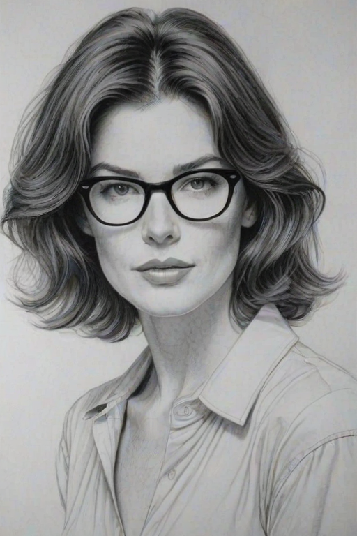 Stunning Lara Flynn Boyle, pencil sketch, portrait of Charming woman 1977s in glasses, hair style beatnik, outline, clear lines, fine lines, 8k