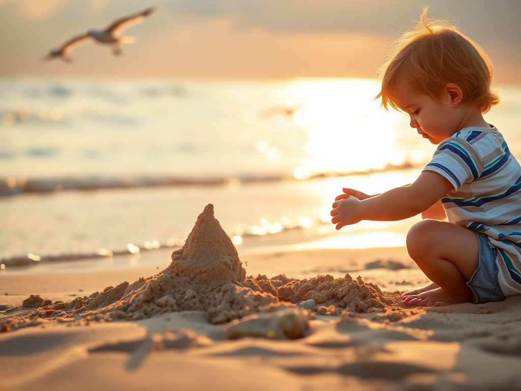 Warm, softly lit image of a child building a sandcastle on the beach, soft waves lapping at the shore in the background, distant seagulls flying overhead, sunlight glinting off the water, a sense of summer warmth and carefree joy.
