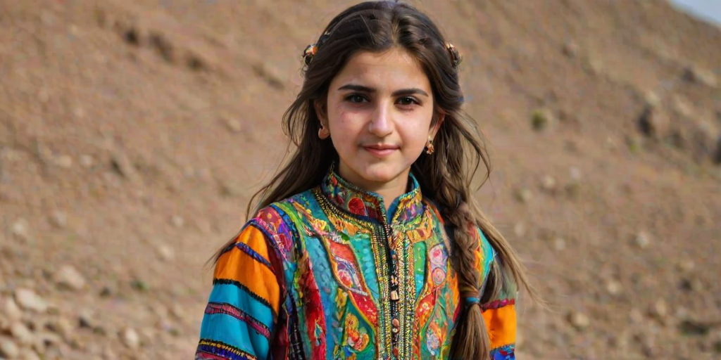 A beautiful Kurdish girl, wearing colorful bird clothing with vibrant colors