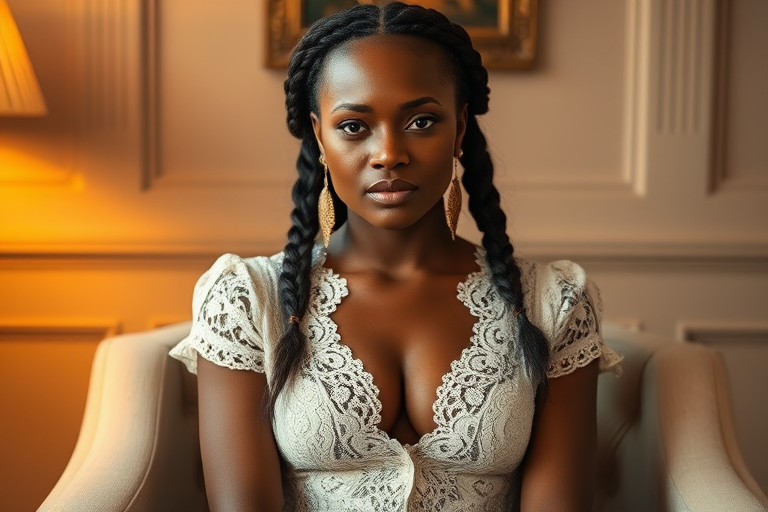 Create a portrait of a refined and elegant Torres Strait Islander woman seated in a sophisticated setting. She has long, wavy hair styled in two thick braids that are pulled over her shoulders. She wears a white, lace gown with intricate patterns, featuring a deep V-neckline and short sleeves. The dress exudes a vintage charm with its delicate lacework. She is adorned with ornate, dangling earrings that add a touch of glamour to her appearance. The background is softly lit, with warm, ambient lighting that creates a cozy and inviting atmosphere. Her expression is poised and serene, capturing a sense of grace and elegance.