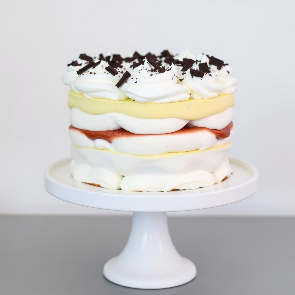 A tall layered dessert featuring meringue and whipped cream topped with chocolate shavings on a white pedestal cake stand against a light background.