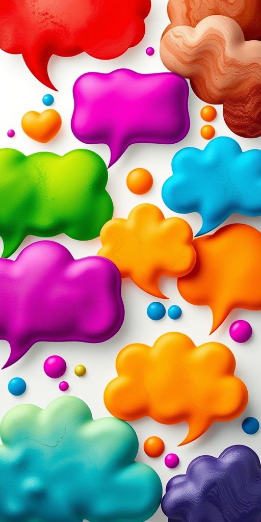 Create an abstract illustration of colorful speech bubbles and clouds in various shapes and sizes, using a vibrant color palette of red, green, blue, orange, and purple, captured with a DSLR camera at f/8 aperture, ISO 100, 24mm lens, with a bright, well-lit background for enhanced image quality.