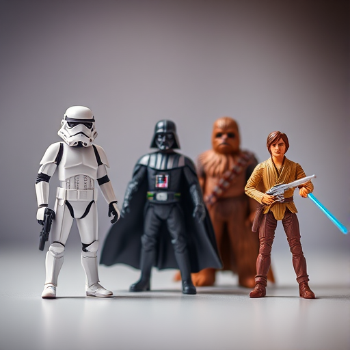 Generate a high-resolution image of Star Wars action figures including a Stormtrooper, Darth Vader, Chewbacca, and Luke Skywalker, using a DSLR camera with a 50mm lens, aperture set to f/2.8, ISO 100, with a soft focus background and bright studio lighting.