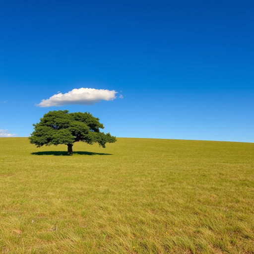 landscape featuring a solitary tree on a grassy field under a clear blue sky with a few clouds, shot with a DSLR camera at f/8, 1/200 sec, ISO 100, 35mm lens, wide-angle view, natural lighting
