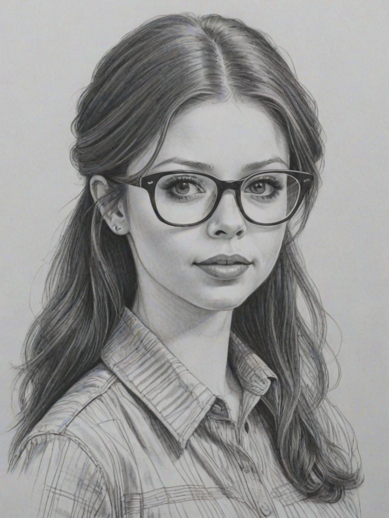 Attractive Michelle Trachtenberg, pencil sketch, portrait of Charming woman 1978s in glasses, hair style beatnik, outline, clear lines, fine lines, 8k