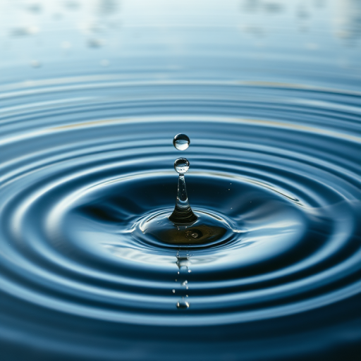Capture a high-resolution image of a water droplet creating ripples in a serene lake, using a DSLR camera with a 50mm lens at f/2.8, shutter speed 1/1000s, ISO 200, in natural light, from a low angle to emphasize the splash and ripples in the foreground.