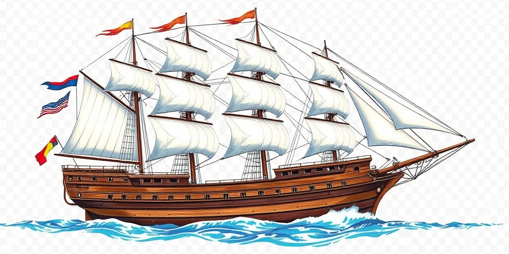 Create a high-resolution illustration of a classic sailing ship with detailed sails and flags on a transparent background, using a digital camera setting of f/8 aperture, ISO 100, 50mm lens, with a 3-point lighting setup for enhanced depth and clarity.