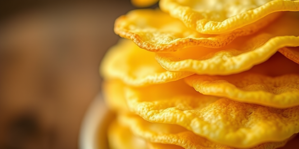 Close-up shot of crispy potato chips stacked together, shallow depth of field, DSLR camera, 50mm lens, aperture f/1.8, ISO 200, natural lighting.