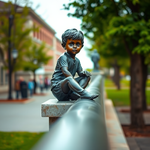 Create a high-resolution image of a bronze statue of a young boy sitting on a railing, captured with a DSLR camera, 50mm lens, f/1.8 aperture, 1/250s shutter speed, ISO 200, natural light, and at eye level for a realistic perspective.