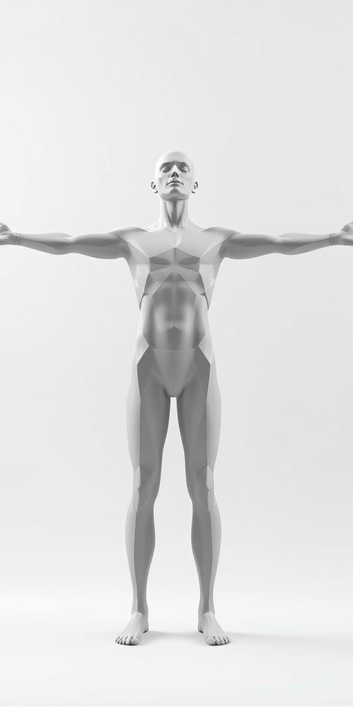 regenerate a low-poly human model with arms outstretched in a 3D design style, use a DSLR camera with a 50mm lens, aperture f/8, ISO 100, shot from a frontal view to enhance detail and clarity