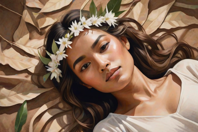 create a watercolor painting of an ethereal portrait of beautiful Aymara woman with a simple white flower crown on her head. Her hair is long and she is lying on the ground. The sunlight on the trees casts shadows from the leaves on her face and body. The background is a neutral brown color that matches her skin tone. The image is minimalist and solid colors. This style is characterized by soft, delicate brushstrokes and a light, airy, contrasting color palette. High level of detail and play of light